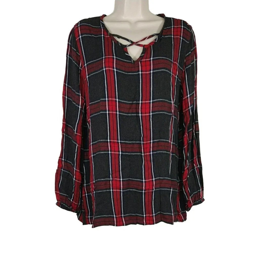 Cato Flannel Tunic Top Women Size L Dark Gray Red Plaid Long Sleeve